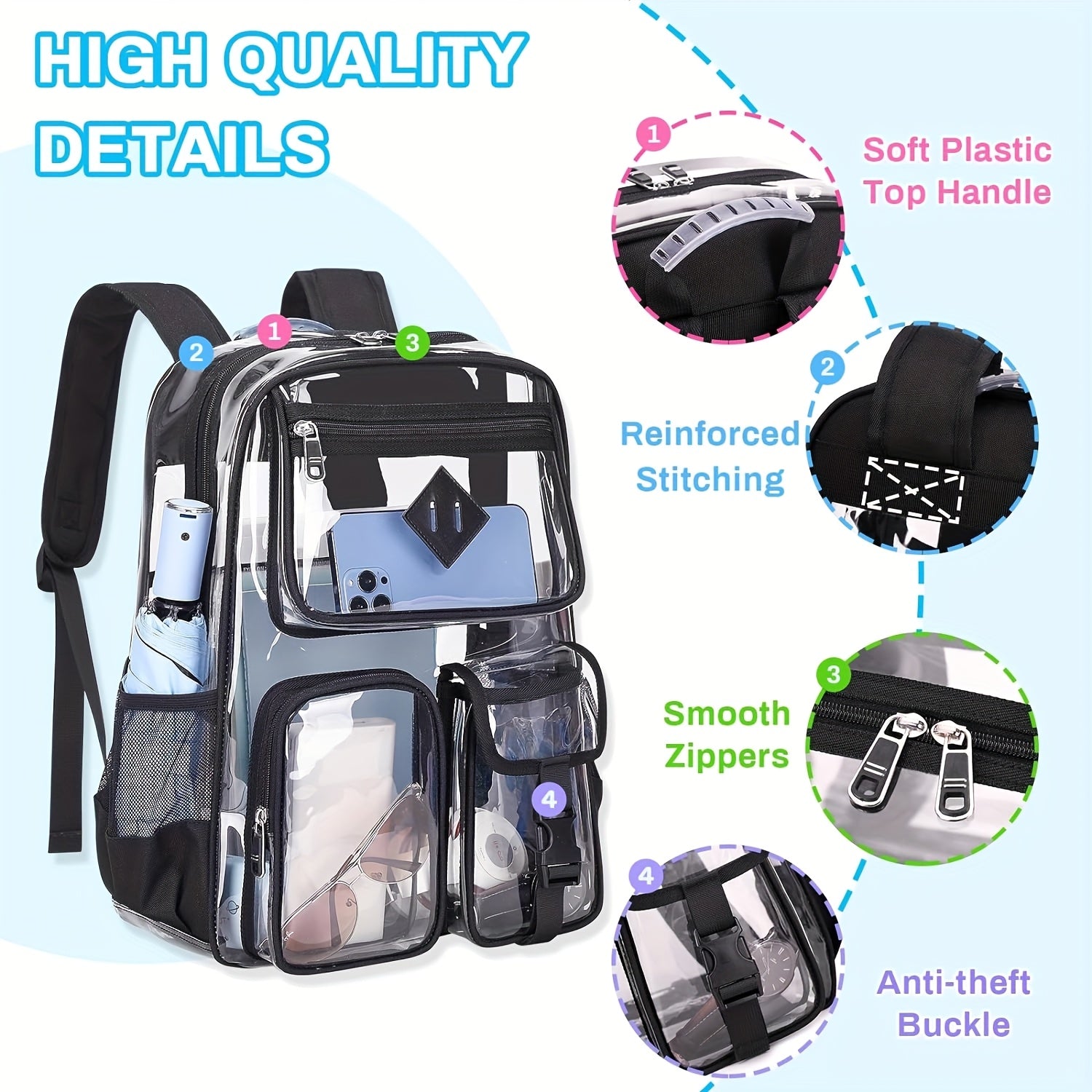 Adjustable Strap Clear Backpack for Women - Heavy Duty PVC Transparent Bookbag, Stadium-Approved, See-Through Design with Multiple Compartments for School and Casual Use